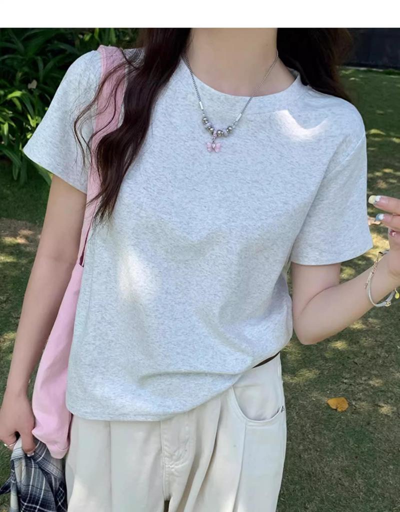 Women's Casual Minimalist Korean White Cotton Short-Sleeve Round Neck T-Shirt