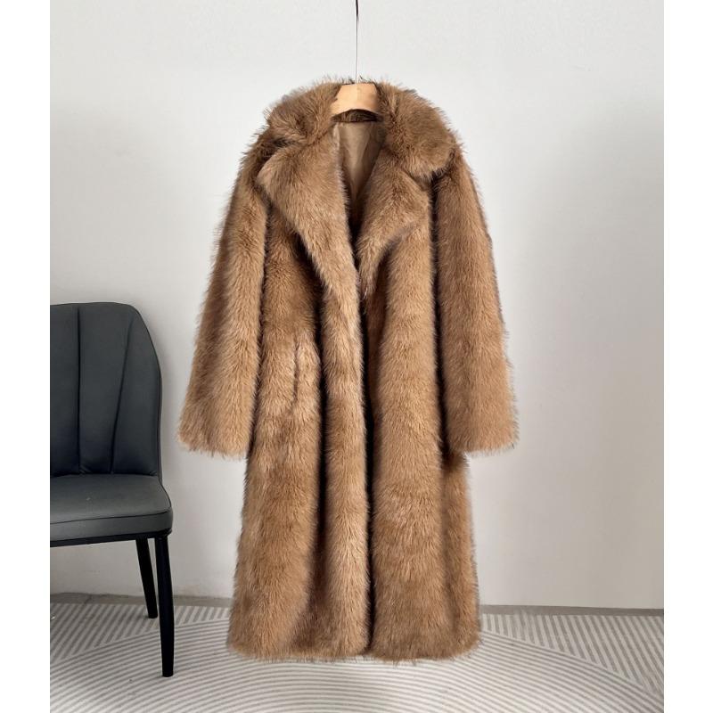 Women's Extra Long Faux Fur Suit Collar Coat, Faux Fur Faux Fur Coat