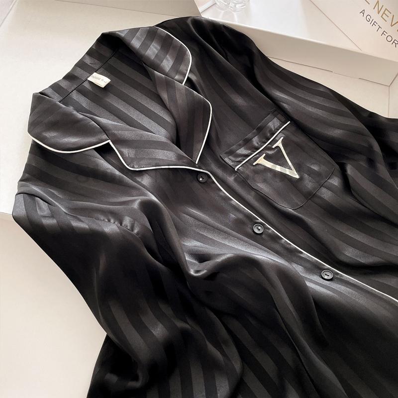 Gestreiftes Pyjama-Set für Damen aus Satin, langärmelig, Revershemd, Nachtwäsche, sexy Dessous, Heimkleidung, lockere Nachtwäsche, Loungewear