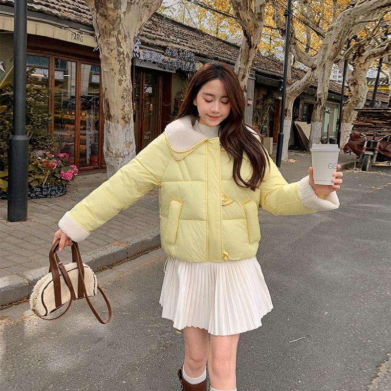 Short women's candy color age-reducing small season horn buckle large lapel short down cotton-padded coat