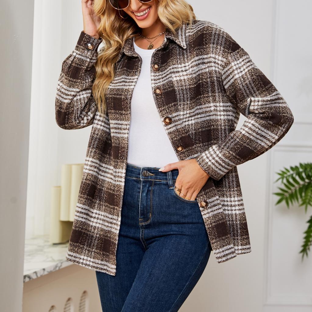New Autumn and Winter Casual and Fashionable Pocket Loose Checked Woolen Coat for Women