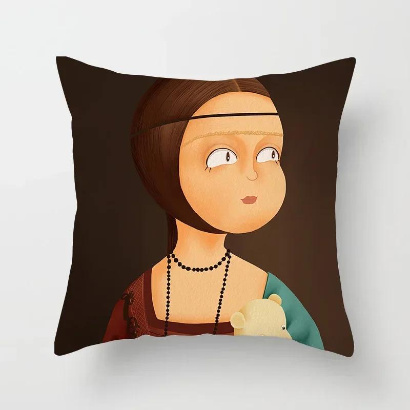 Creative Cartoon Oil Painting Mona Lisa  Gogh Cushion Cover Portrait Painting Throw Pillow Case Cojines Decorativos Para Sofa