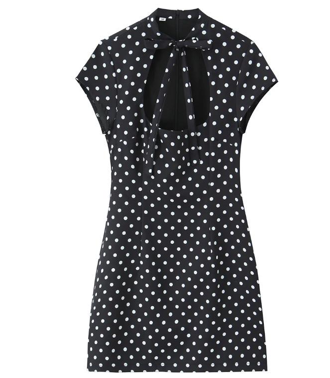European American Women's Fashion Polka Dot Short Dress with Bow Decoration