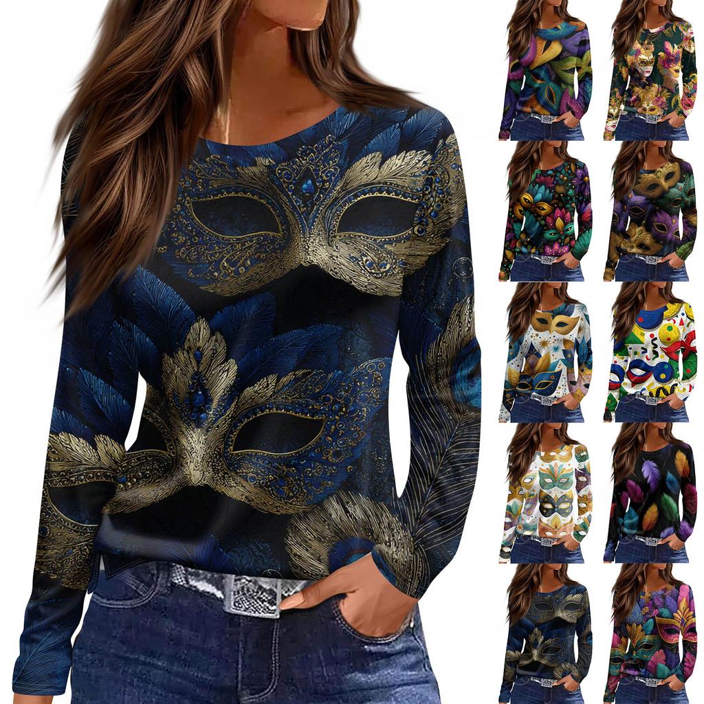 Women's Fashionable Casual Neck Long Sleeve Hem Split Carnival Print T-Shirt Top