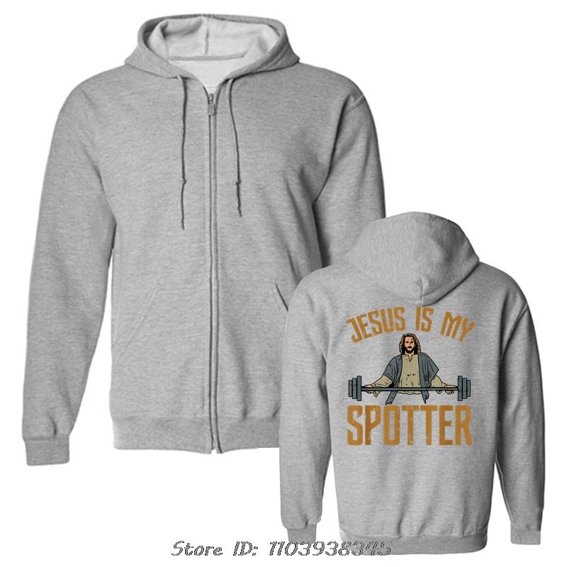 Jesus Is My Spotter Printed Cotton Pullover Hoodie Humor Weight Lifting GYM zip up Jacket Oversized Sweatshirt Hoody streetwear