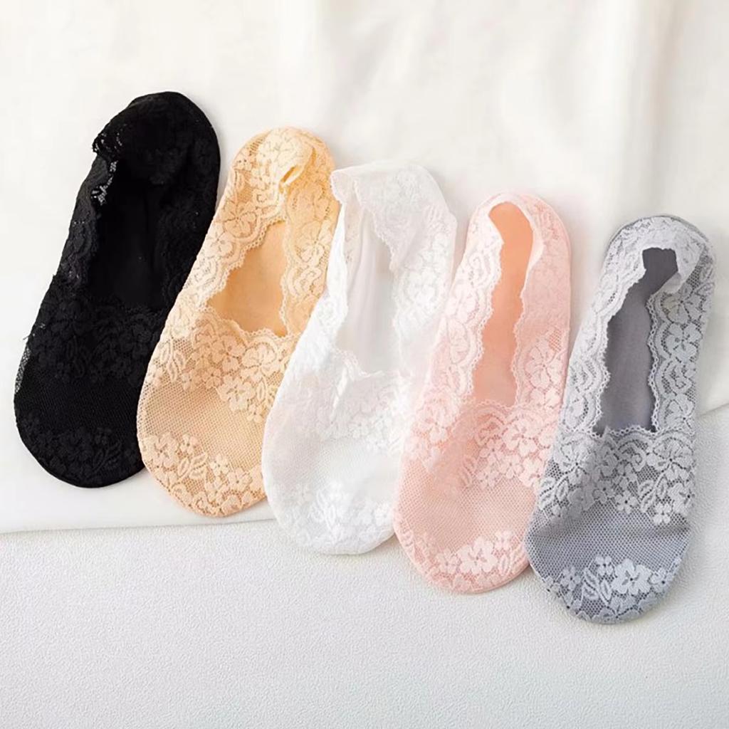 5 Pairs Women's Summer Lace Invisible Socks Boat Mesh Thin Low Cut Socks Slippers Female Ankle Silicone No Show Socks Non-slip
