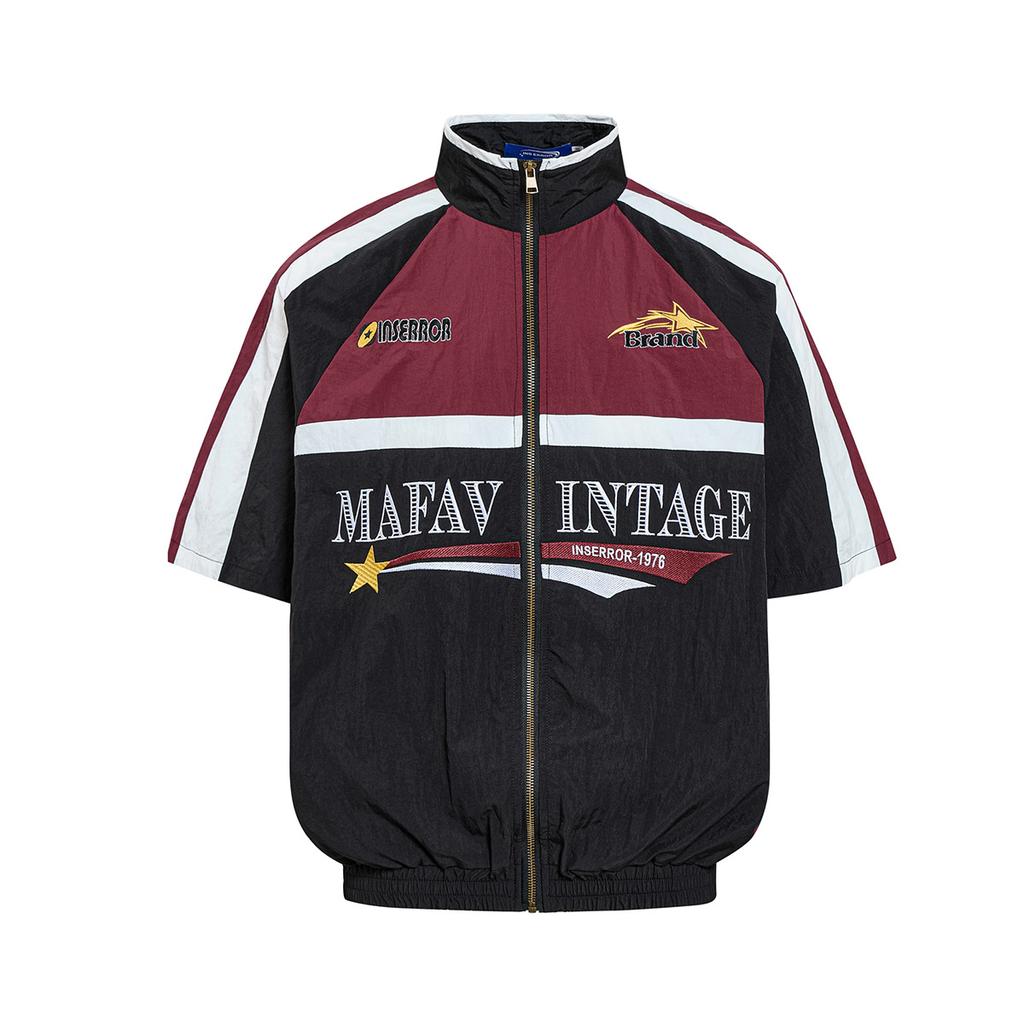 American Retro Trendy Brand Campus Style Baseball Jacket Short Sleeve Heavy Industry Embroidery Color Matching Deconstruction  Flight Jacket
