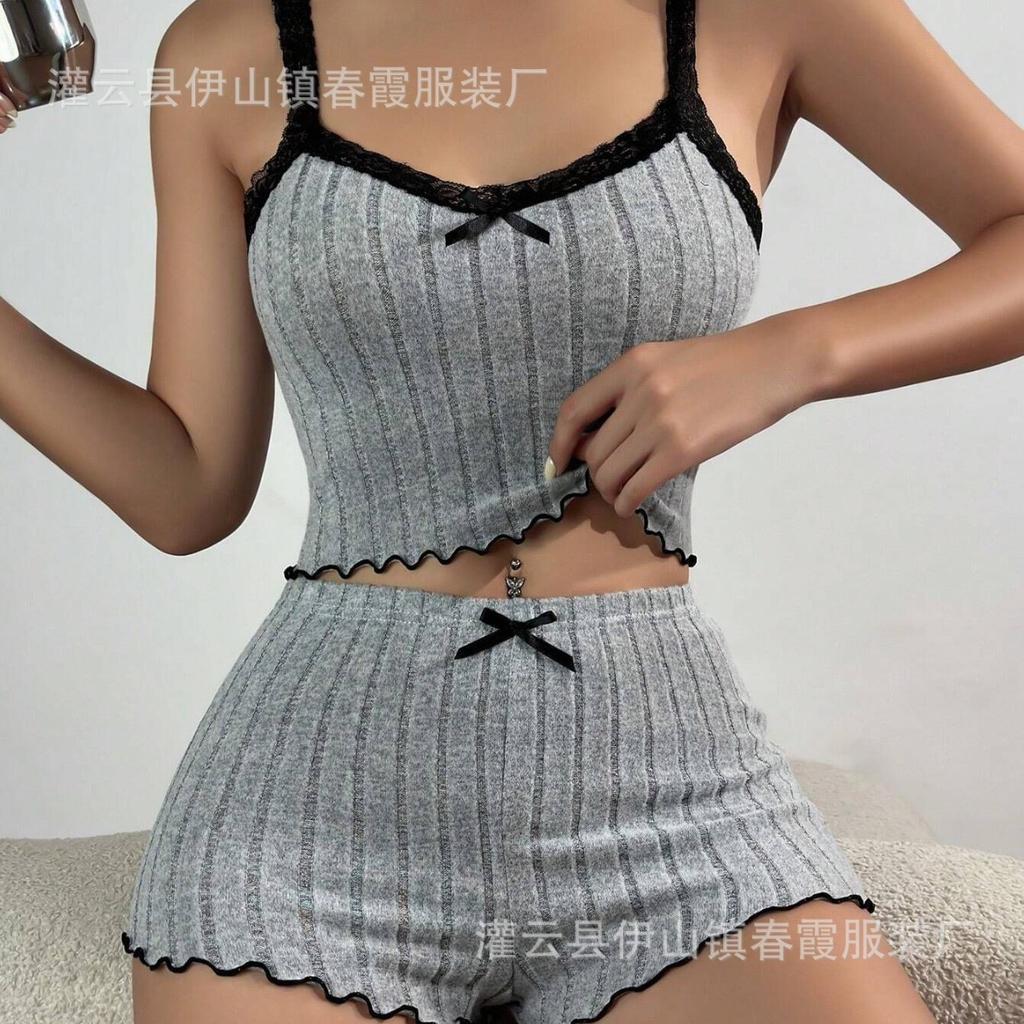 Large size pajamas women's sexy lace edge short-sleeved suspender shorts polished pit strip loungewear