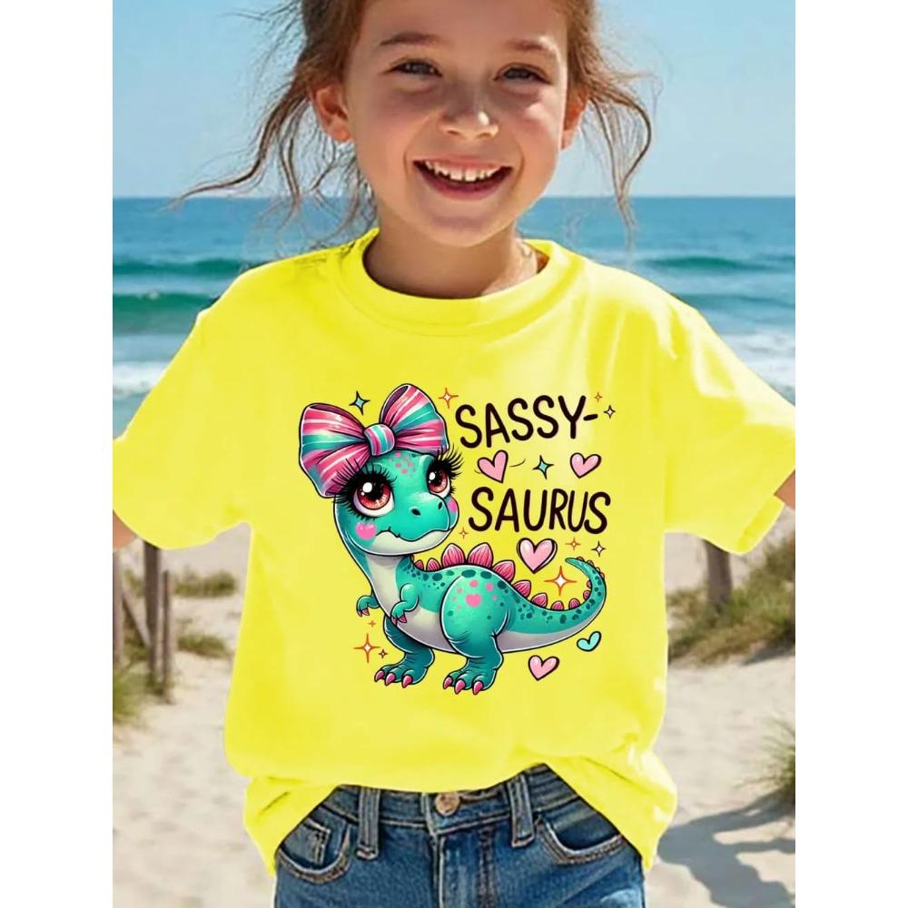 Girls' Kawaii Cartoon Dinosaur Graphic T-Shirt Cute Pink Bow Hearts Print T-Shirt Kids Short Sleeve Tee Y2k Children's Clothing