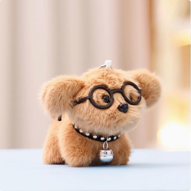 Cute Glasses Dog Plush Toy Keychain Animal Stuffed Doll Backpack Gift Pendant