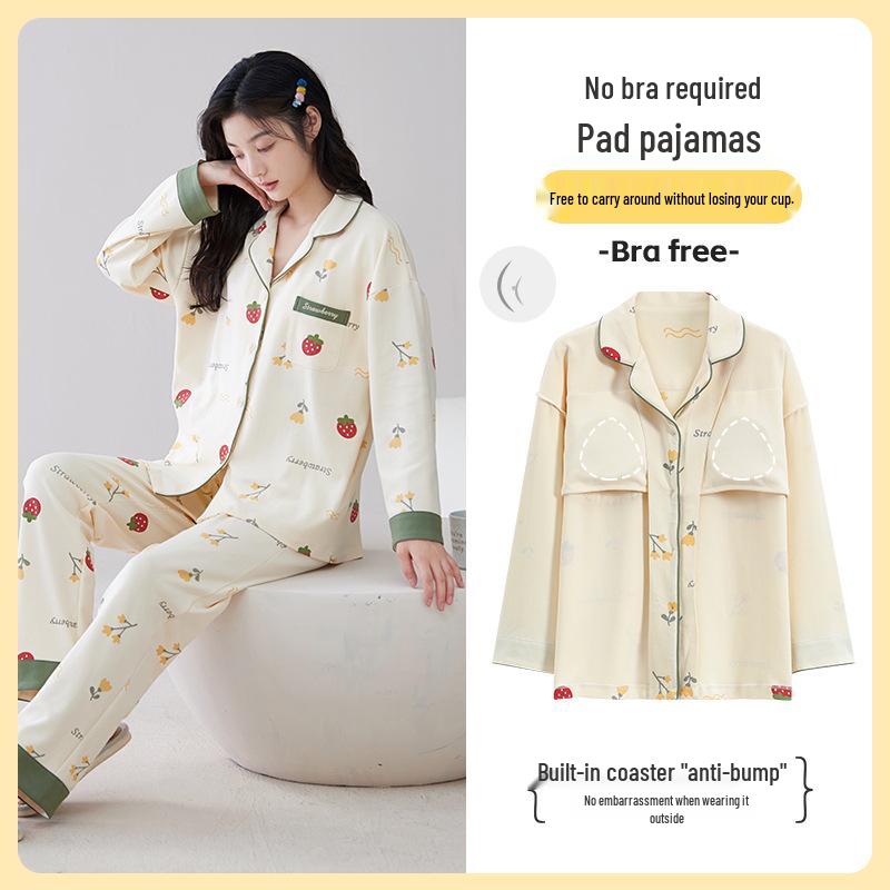 

Женская пижама класса А с антибактериальным эффектом из 100% чистого хлопка с нагрудными вкладышами - длинный рукав, длинные брюки, корейский стиль, комплект из двух предметов Women s XL