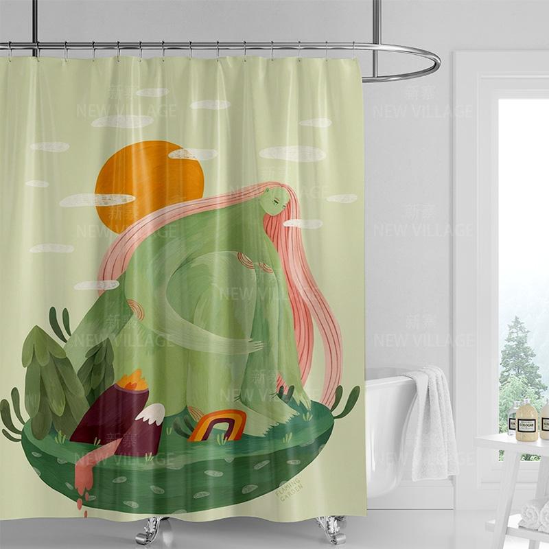 Whimsical Nature-Inspired Shower Curtain with Rainbow and Sunset Design for Relaxing Bathroom Decor