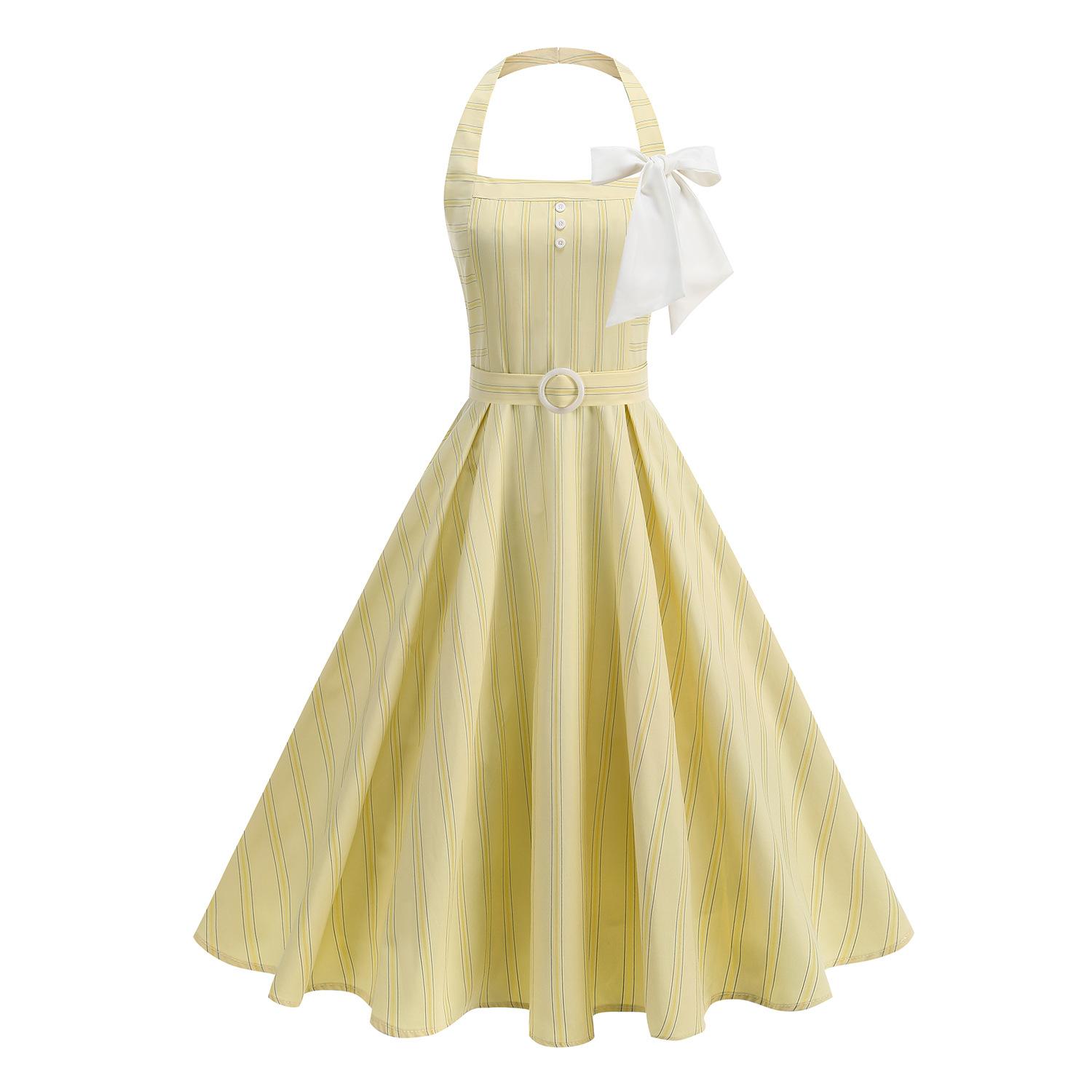 

Striped, figure-hugging, halter-neck, off-the-shoulder, tie-front, two-way-wear, elegant, backless, sexy, slimming dress for women S