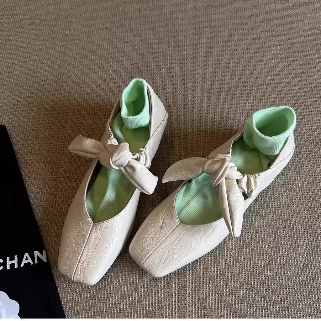 Cowhide version~ 2025 spring new silver bow Mary Jane shoes women's shoes square head light mouth flat sole shoes women