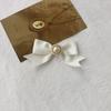 Off-White Cotton Pearl Bow Brooch: Cute Japanese Korean Style Ribbon Lapel Pin Corsage.