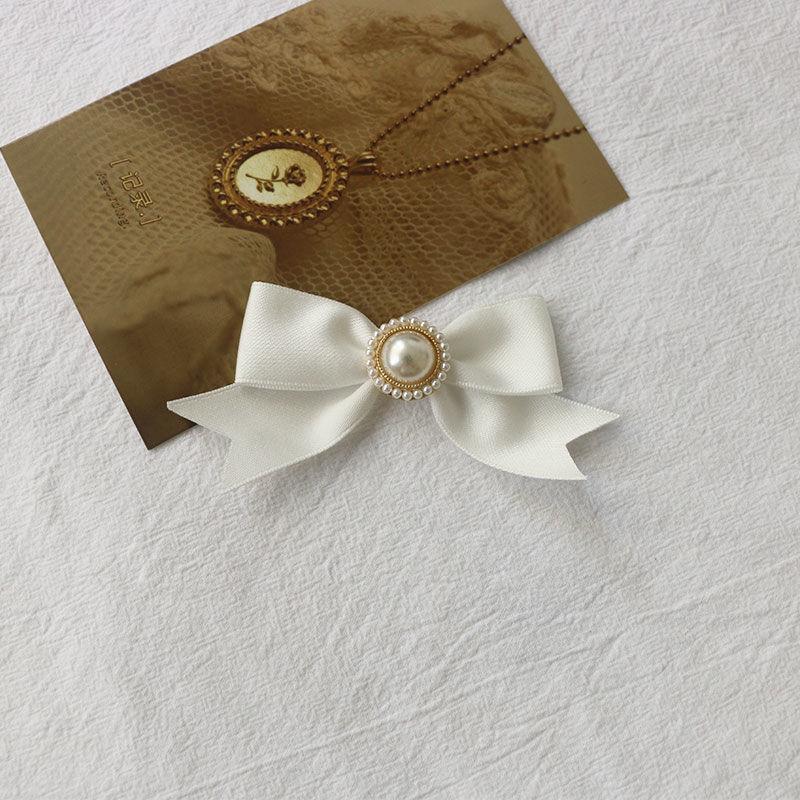Off-White Cotton Pearl Bow Brooch: Cute Japanese Korean Style Ribbon Lapel Pin Corsage.