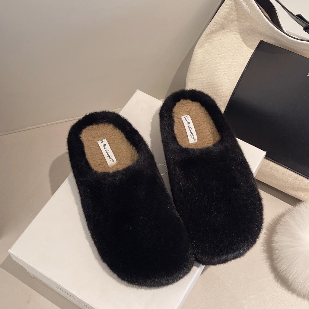 3cm2025 Niche White Plush Slippers Women's New Korean Version Retro Back Empty Autumn and Winter One-word Drag