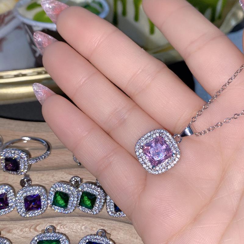 Purple & Pink Gemstone Jewelry Set: Grape Stud Earrings and Asscher Cut Adjustable Ring