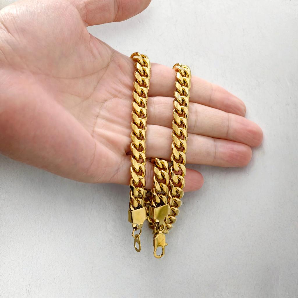 8/10MM Chunky Fashion Cuban Chain Necklace Bracelet Set Hip Hop for Men/Women Gold Plated Stainless Steel Curb Link Chain Sets