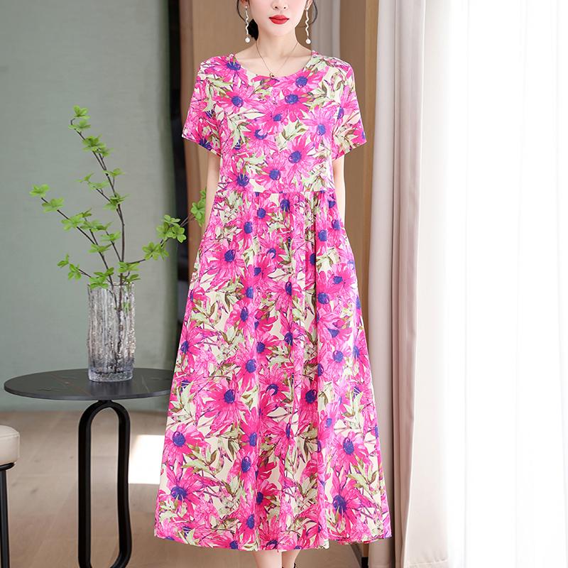 Elegant Long Dresses Women Summer Casual Short Sleeve Vintage Dress Korean Style O-Neck Female Clothing