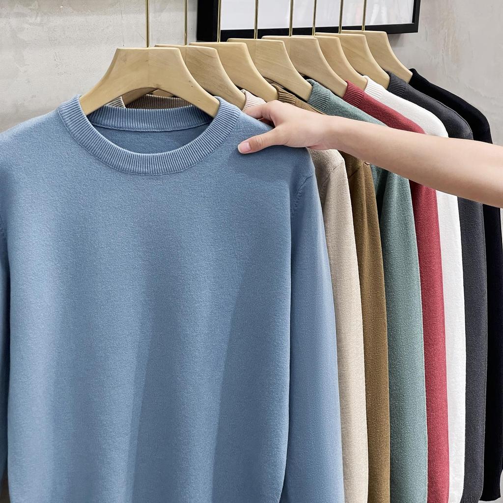 Solid Color Bottoming Shirt Casual Sweater Long Sleeve Knit Sweater Men's Round Neck Sweater Autumn Winter Large Size Loose Keep Warm Top