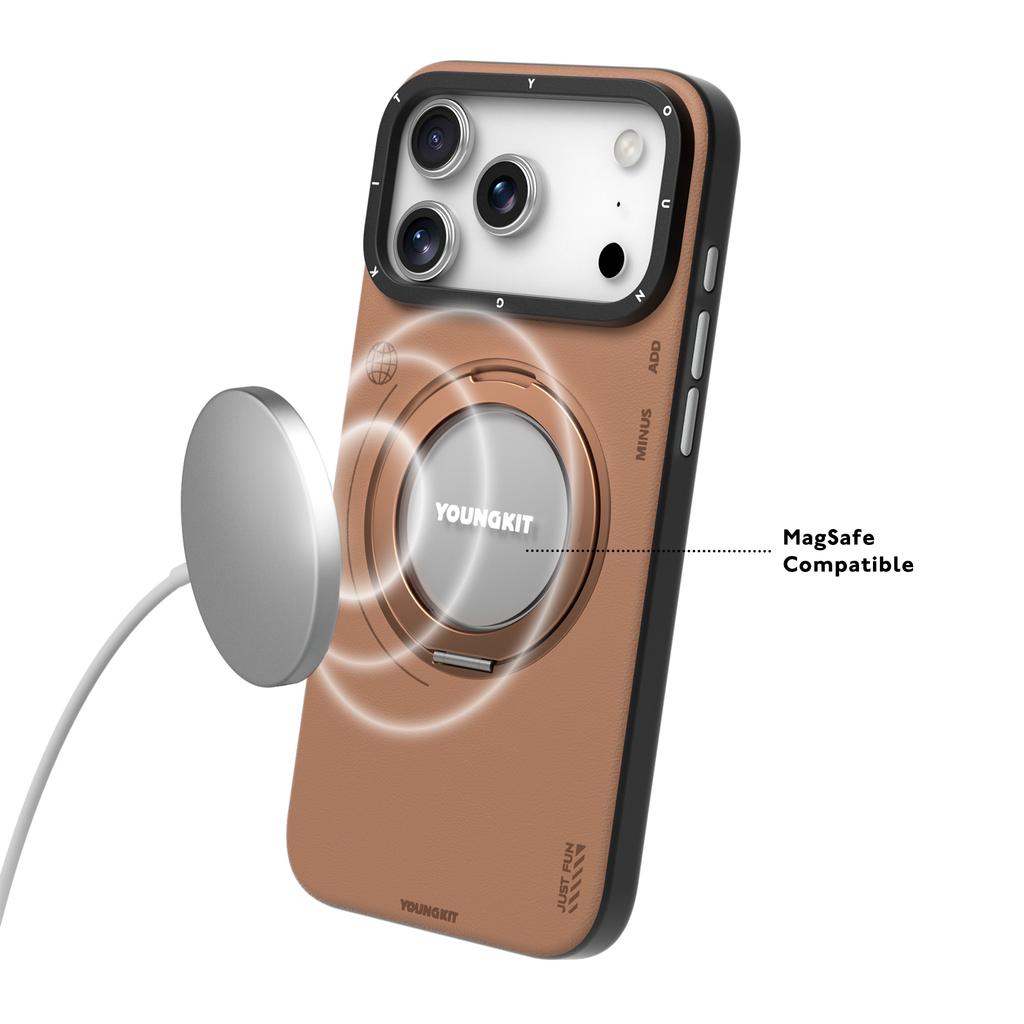 YOUNGKIT For iPhone 17 Pro Max Case Rotating Kickstand Shockproof TPU + PU Leather Phone Back Cover