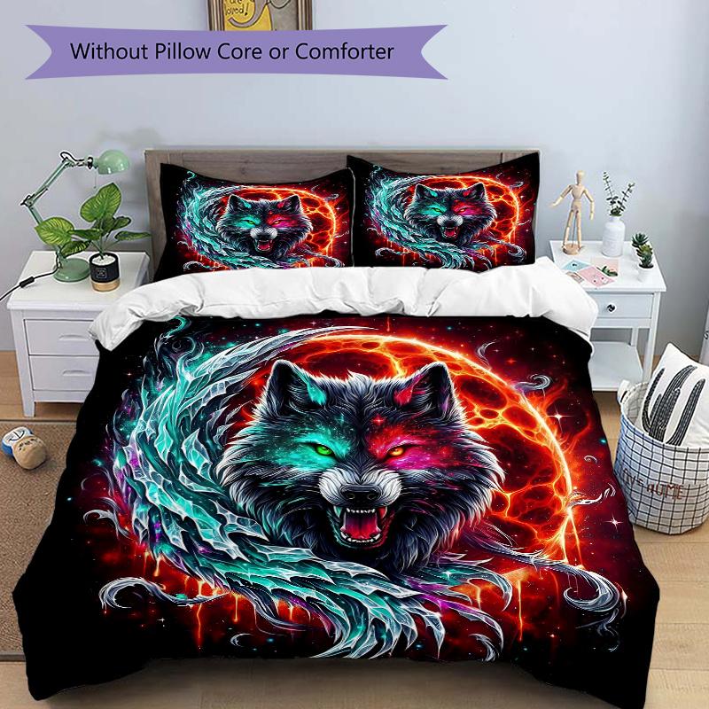 3pcs Galactic Wolf Print Bedding Set (1 Cover + 2 Pillowcases, Without Inserts), This Printed Bedding Set is Soft and Comfortable, Suitable for U