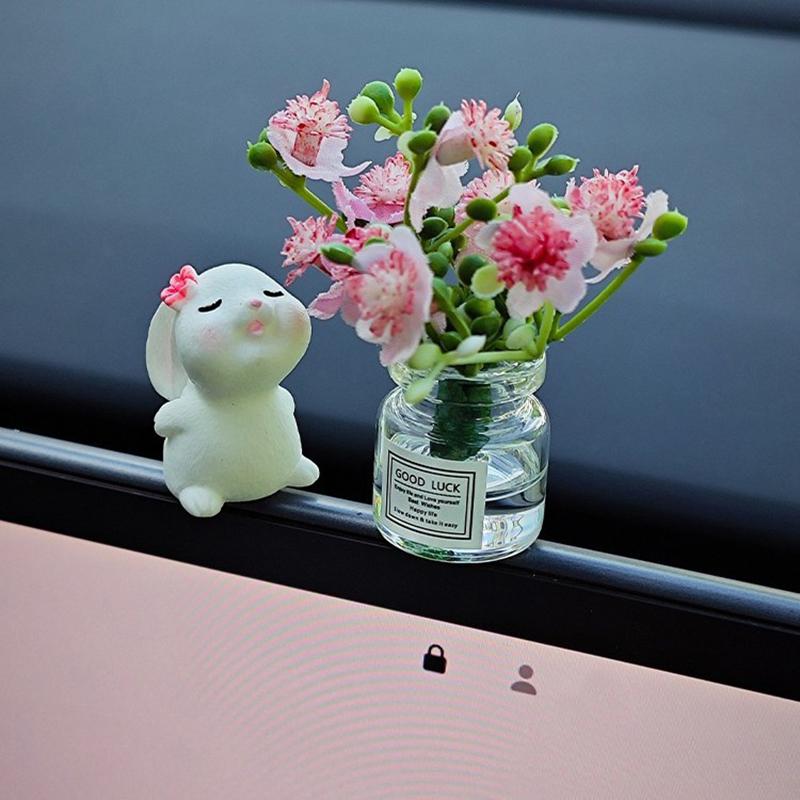 1 Set  Car Healing Doll Ornaments Cute Mini Vase And Rabbit Car Center Console Window Decoration