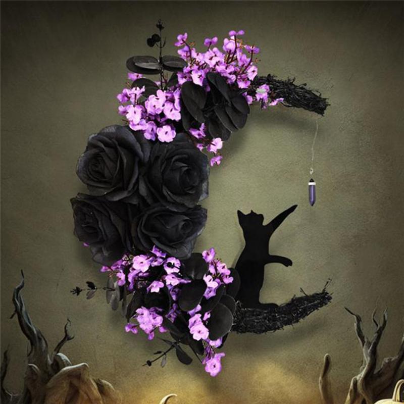 M-Modern-Halloween Signs Moon Shaped Door Wreaths Goth Roses Black Cats Garland Front Door Ornament Halloween Decor, B Easy Inst