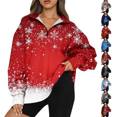 Women's Casual Fashion Long Sleeve  Print Oversize Zip Sweatshirt Top