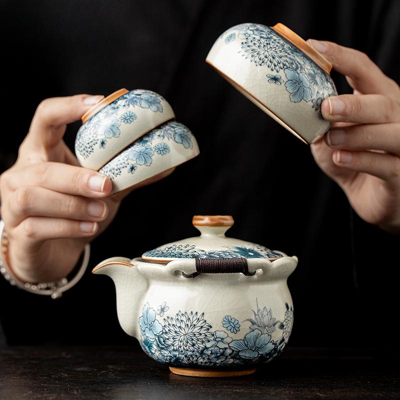 Ru Kiln One Pot Three Cups Outdoor Camping Travel Tea Set Portable Bag Teapot Teacups for One Person Use Fast Guest Cups