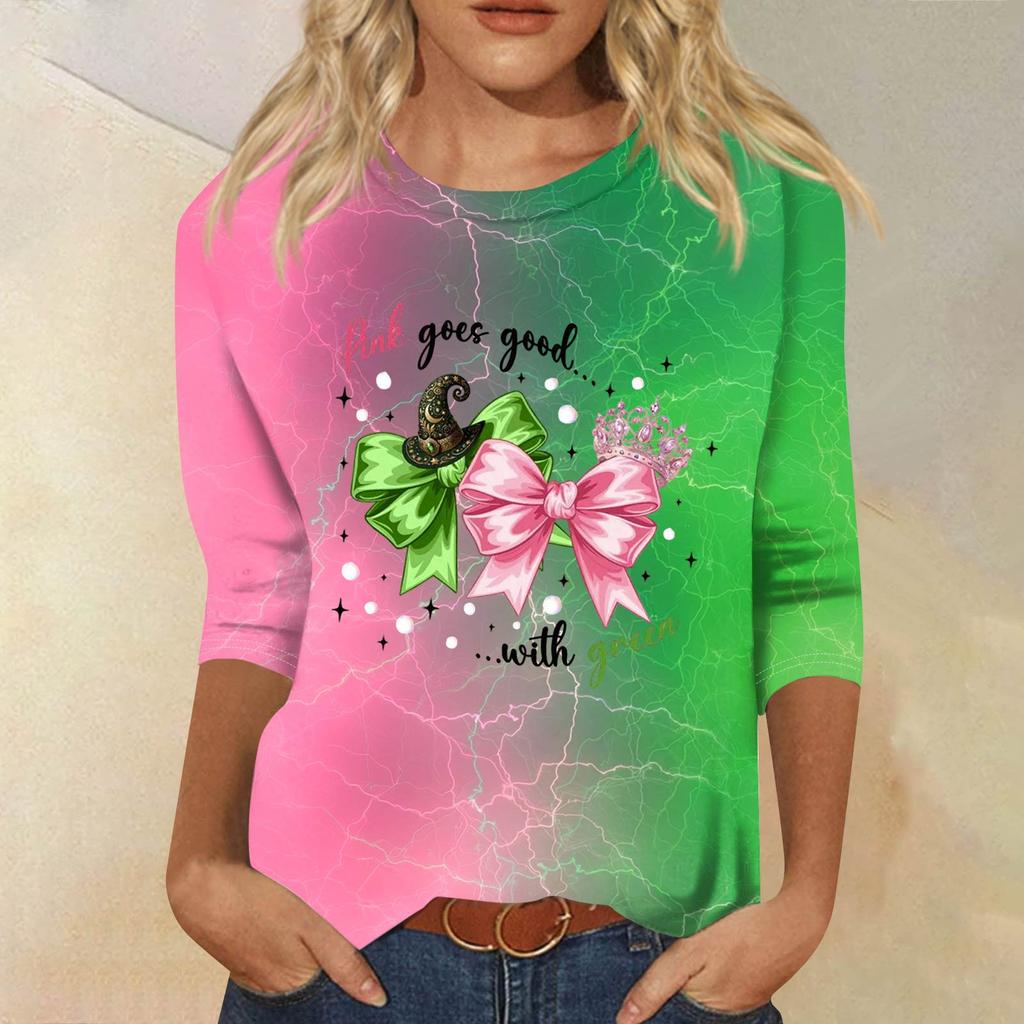 Damen Modisches Lässiges Dreiviertelarm Bedrucktes Rundhals-Top