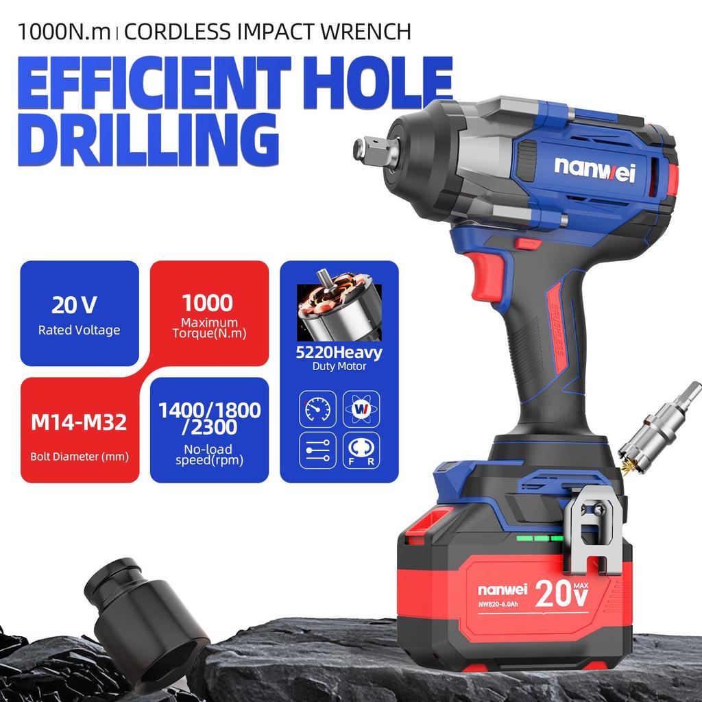 1000N NANWEI Electric Impact Wrench, size 1/2, adjustable torque 500N/800N/1000N, max. speed 2300 rpm