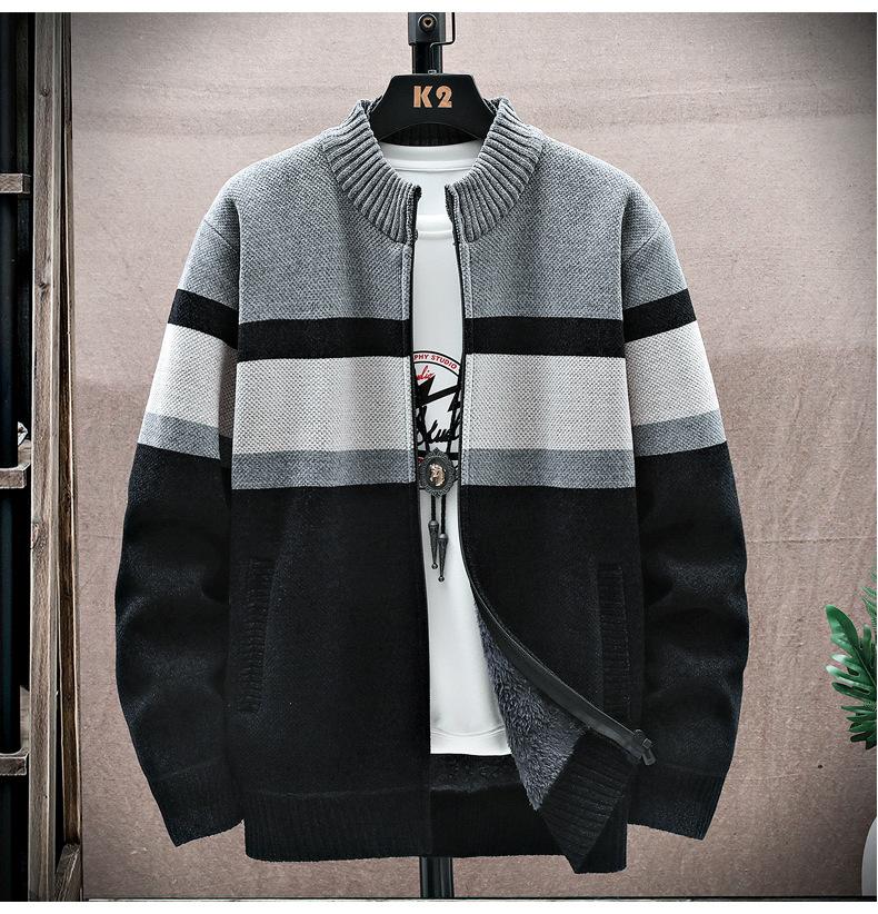 Men's Striped Zippered Cardigan Sweater - Thick Warm Color-Blocked Knitwear for Casual Fall Winter Wear