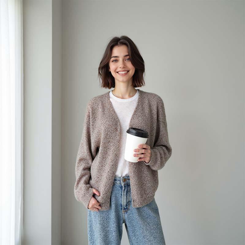 Unlock laziness! Baby camel fleece blended wool knitted cardigan women's early autumn new loose and thin coat sweater winter