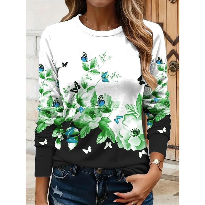 Women's Plus Size Floral Print Long Sleeve T-Shirt with Slight Stretch - Casual and Comfortable