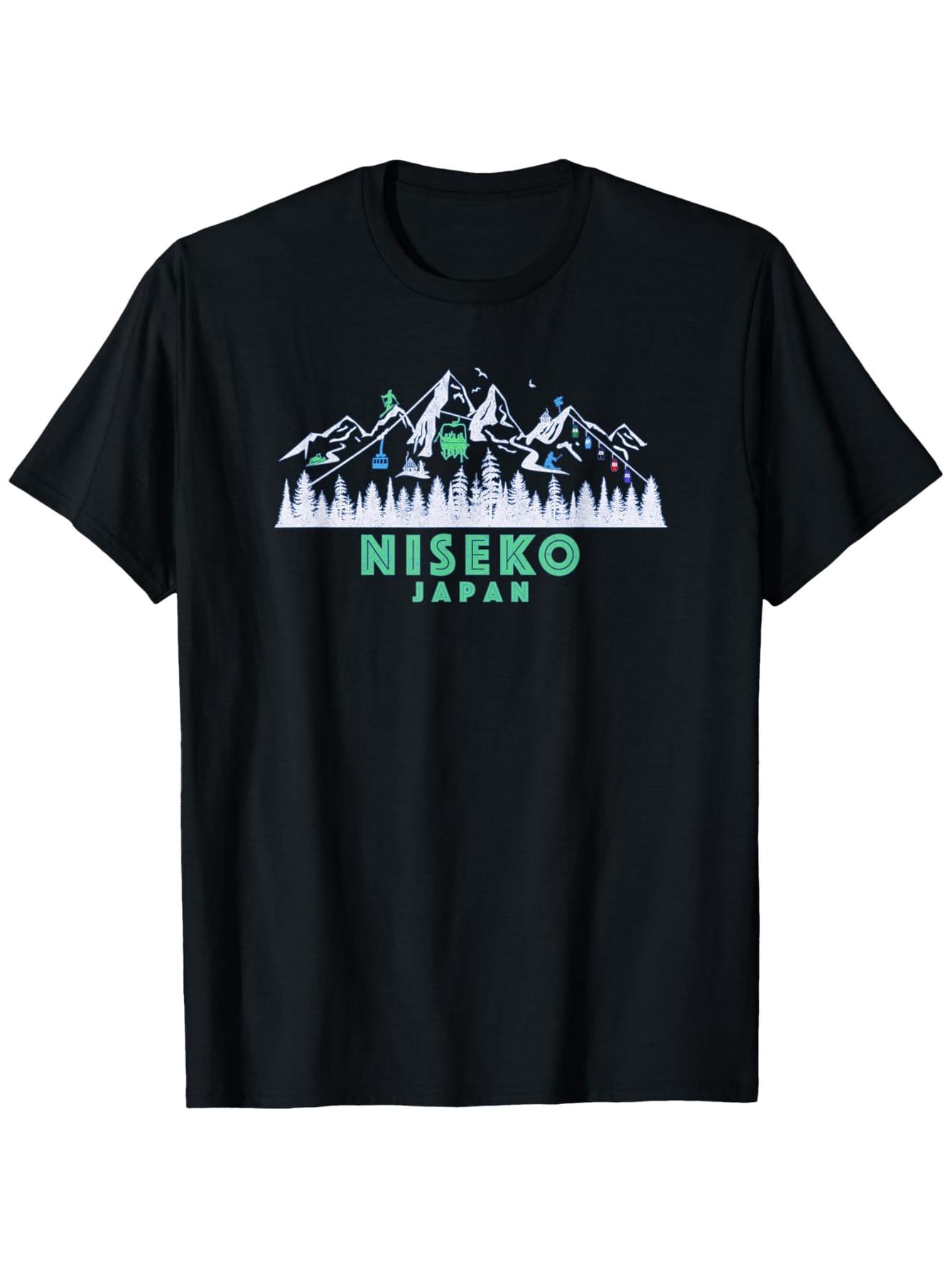 Vintage Japan Niseko Illustration Snowboard TShirt Black Casual Short Sleeve Tee with Mountain Snowboarder Design S