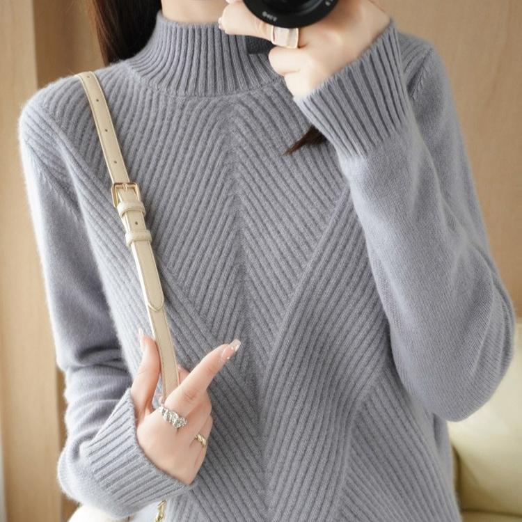 Half Turtleneck Thickened Knitted Sweater Solid Color Casual Sweater for Women Long-sleeved Loose Pullover Autumn