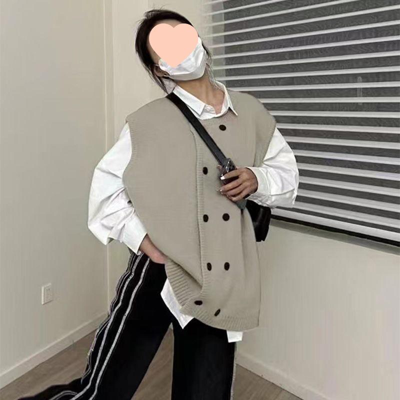 Moda Wiosna 2025 Damska Bezrękawnik Dzianinowy Dwurzędowy - Wyszczuplający, Wszechstronny i Luźny z Okrągłym Dekoltem