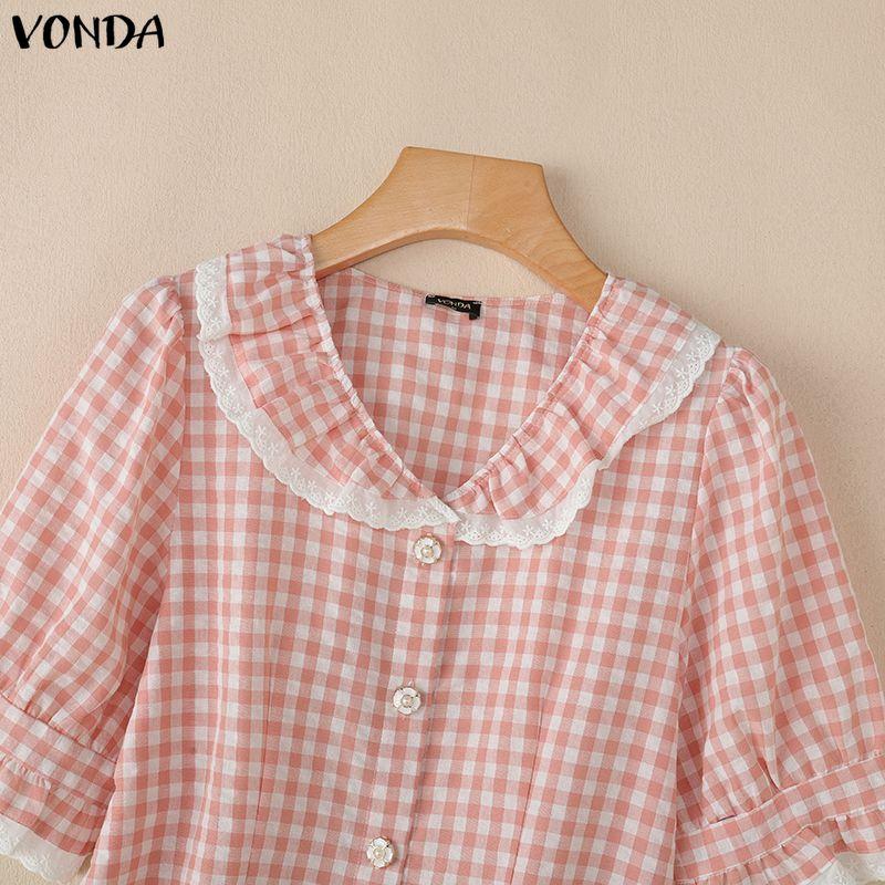 VONDA Topuri casual pentru femei, cu guler rever, mânecă scurtă, cusătură, imprimeu carouri
