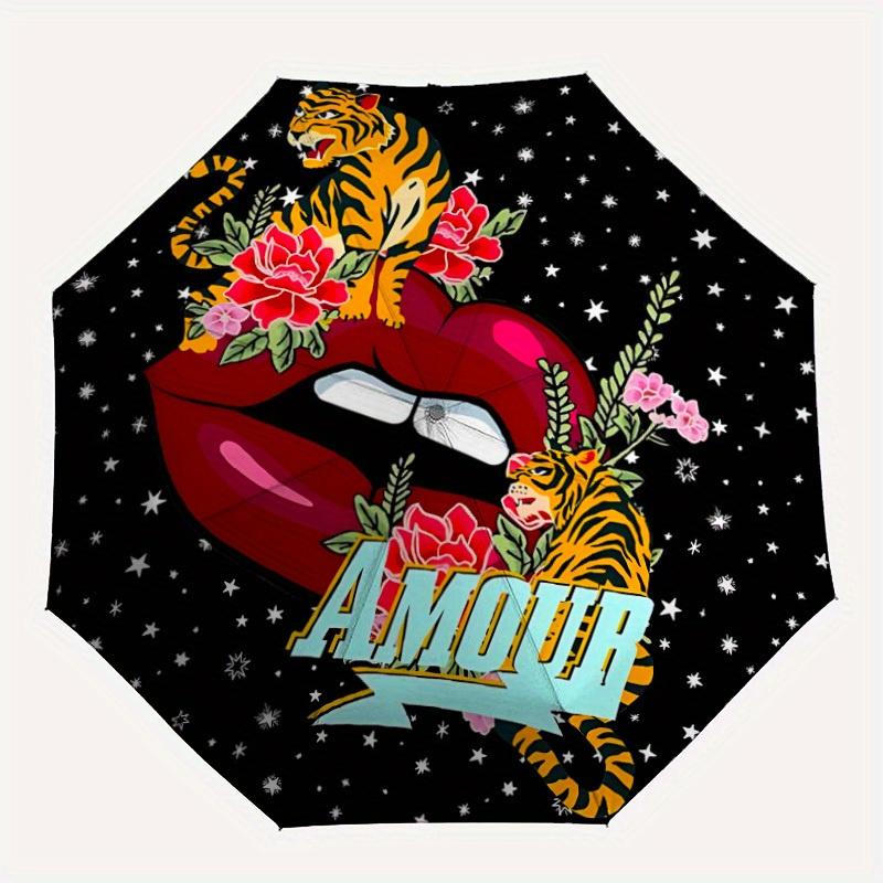 

1pc Tiger Lip Print Automatic Opening/closing Umbrella with Auto Open/Close, Perfect Gift for Friends, Durable Plastic Handle yy250801218