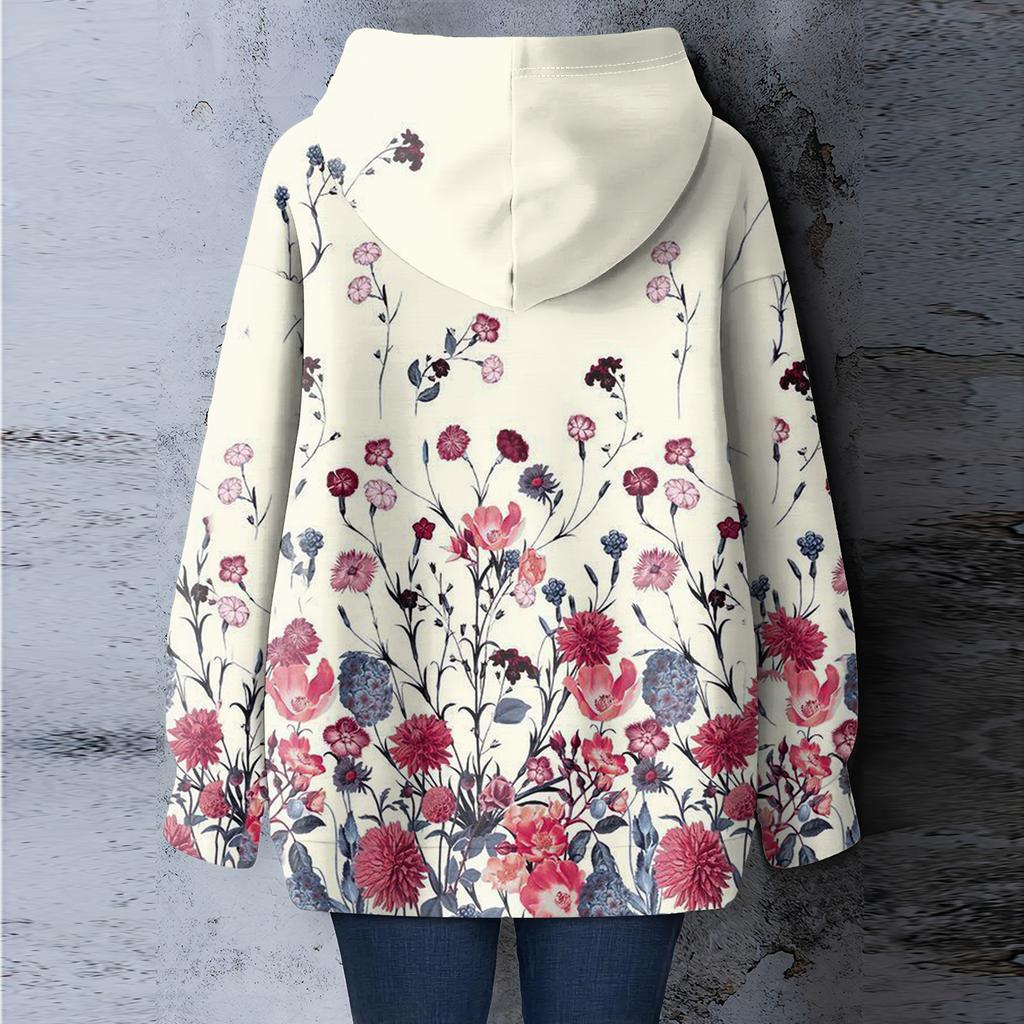 Women's Floral Print Loose Casual Long Sleeved Hooded Sweatshirt
