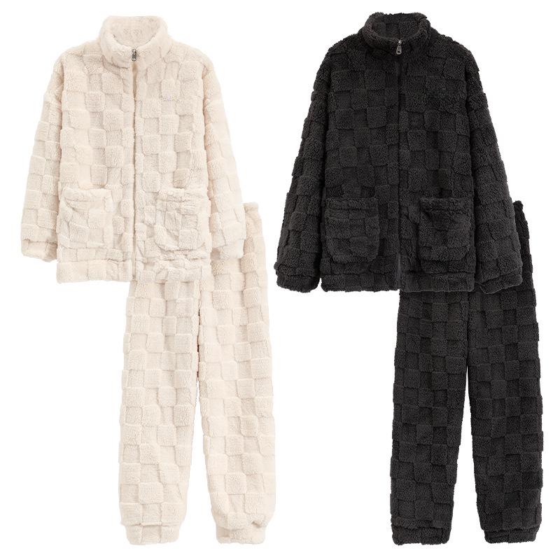 Couple's Cartoon Coral Fleece Pajama Set - Men's and Women's Zippered Flannel for Autumn/Winter