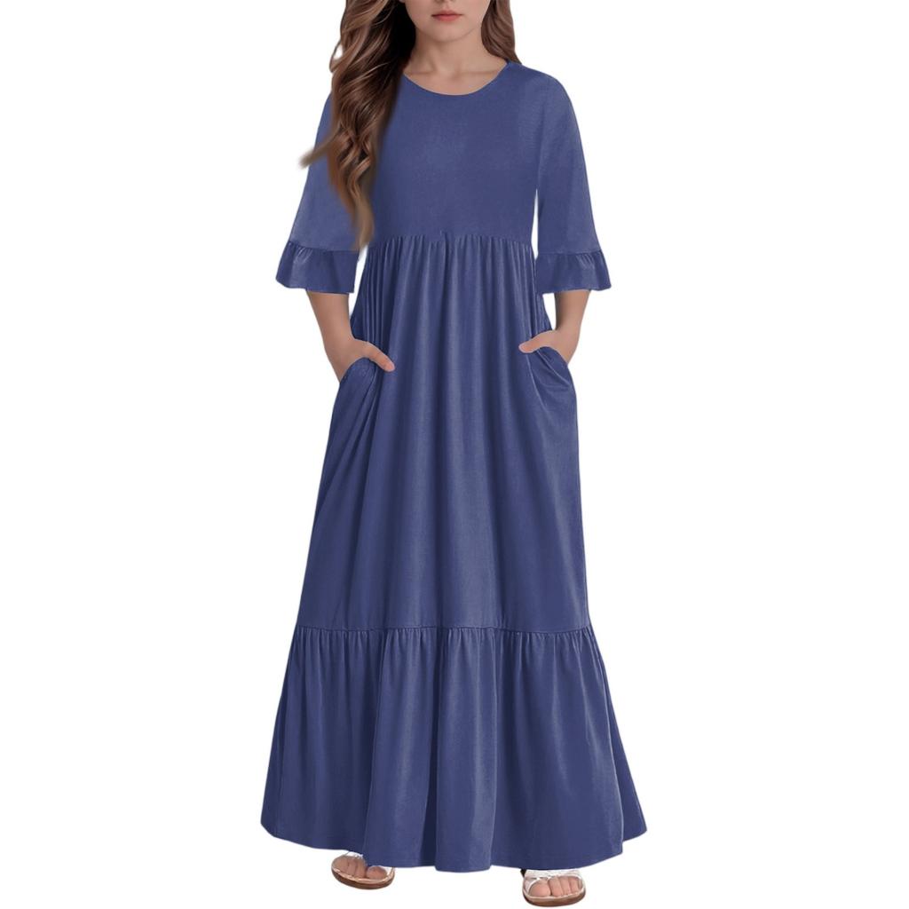 Girls' Tiered Ruffle Dress - 3/4 Sleeve Pocket Maxi With Pockets