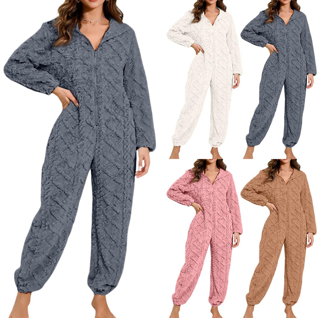 Women's Fashion Solid-Color Plush Loungewear Casual Zipper Hooded Long-Sleeve Jumpsuit Pajamas
