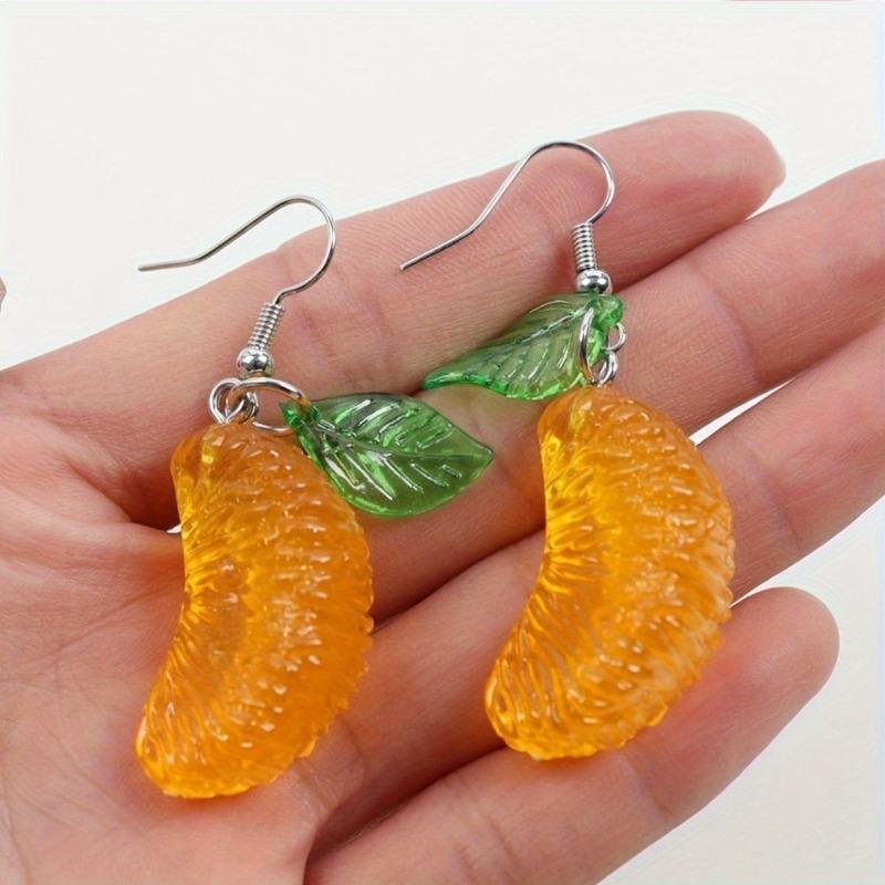 Orange-inspired Drop Earrings - Citrus Fruit with Green Leaf, Glossy Resin Y2K Jewelry, Sweet Summer Gift for Women