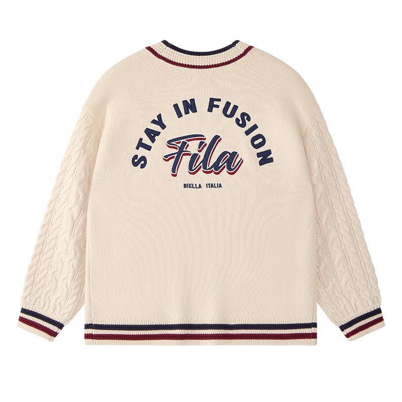 Fila Fusion Retro College Fashion Versatile V-Neck Knit Sweater Women Tops Milk-Beige T11W433403FBG