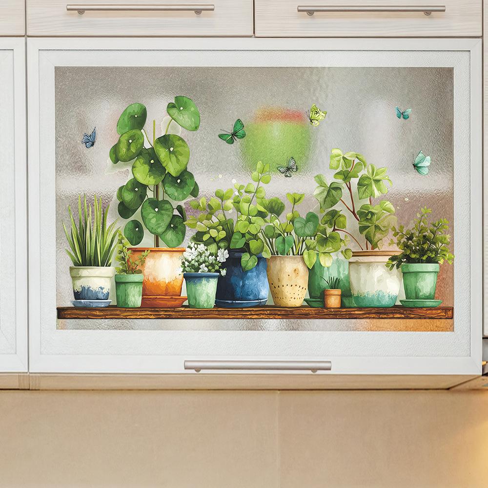 Painted Green Plant Potted Plants and Butterfly Stickers for Wall Decoration and Beautification In Dining Rooms, Bathrooms and Homes