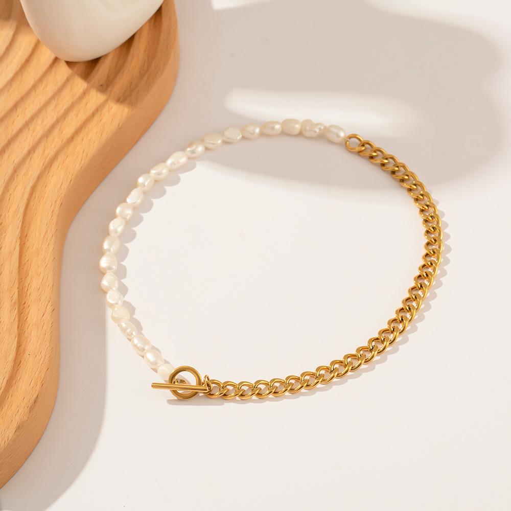

French Retro Pearl & Titanium Steel Baroque OT Buckle Necklace – Women s Light Luxury Jewelry
