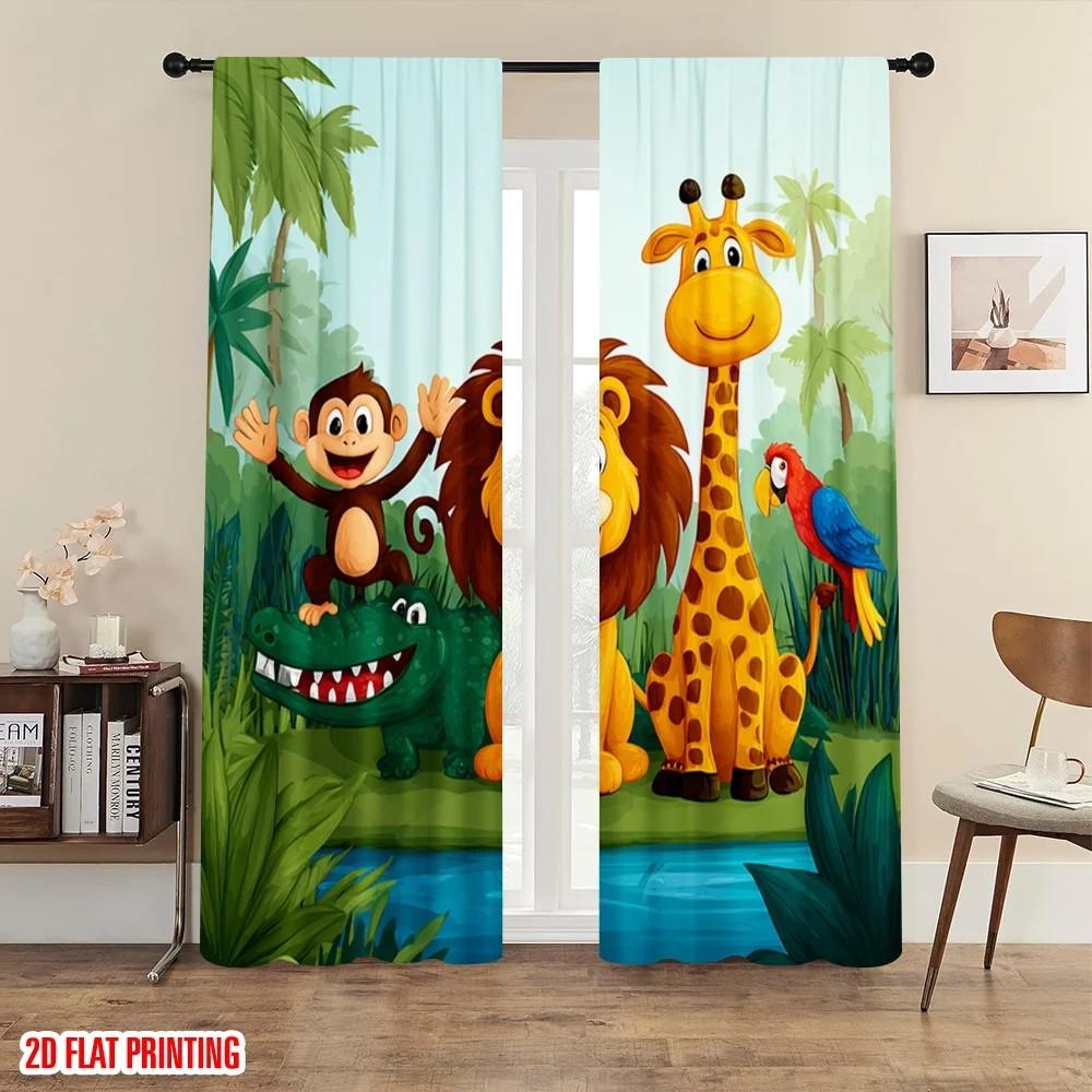 

JIT 2pcs Animal Printed Curtains Cartoon Design Rod Pocket Polyester Window Decor for Kids Room Playroom Nursery Decor 100*130 HOOK 1pcs